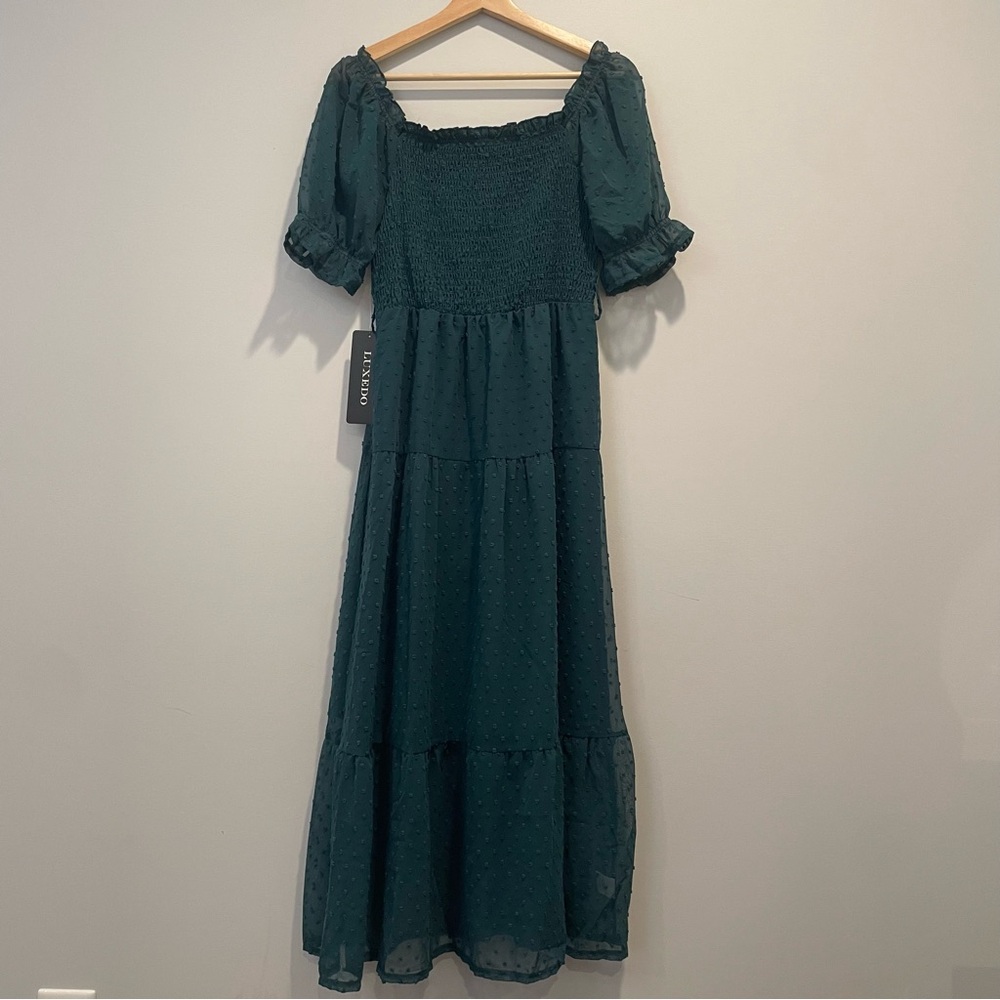 Puff Sleeve Midi Dress Emerald Green Swiss Dot